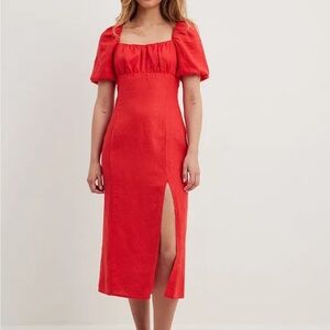 Na-kd ruched slit linen red dress EU size 40 (10)